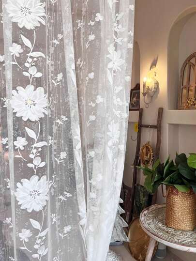 1 pieza Cortina de encaje con patrón de flores color crema para habitación de princesa, habitación de hija, sala de estar, dormitorio, balcón, estudio, etc., estilo de bolsillo para barra, sin riel y sin varilla romana.