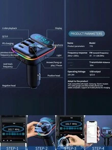汽車轉換器，無線FM無線電發射器，無線5.0，MP3音樂播放器，QC3.0 + PD 20W USB汽車充電器，7種顏色的LED - 黑色 - 查看 9
