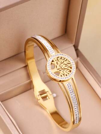 1pc Vintage Tree Pattern Gold-Tone Stainless Steel Bracelet With Rhinestones For Women