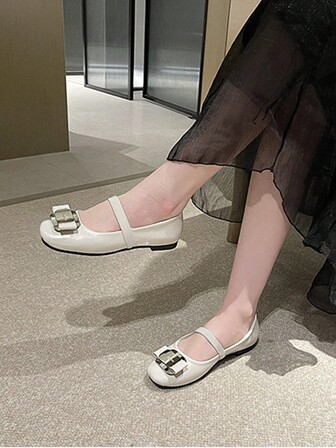 Beige damskor med fyrkantig tå och Mary Jane-spänne, balettmodell, lämpliga för vår- och höstkläder