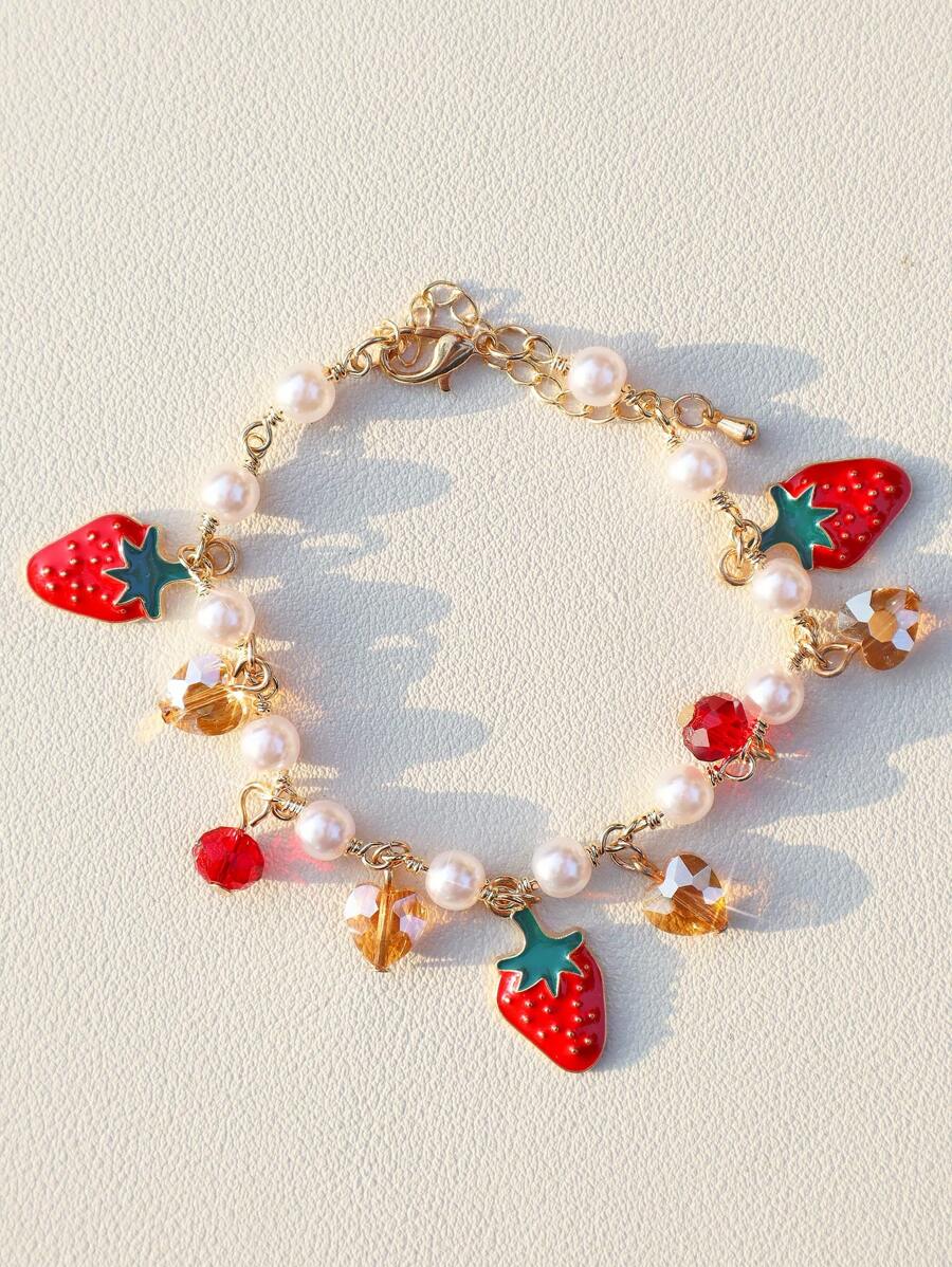 Pulsera de corazón, fresa y cereza con perlas falsas, ideal para el Día de San Valentín - Pulsera de Perlas Love Fresa Cereza - Ver 1