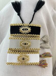 1 pulsera de tela de ojo y borla con cuentas negras / blancas / grises / cobre y tamaño ajustable