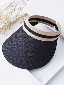 1pc Women's Summer Sun Hat, New Style Open Top Straw Hat For Outdoor Trekking And Sun Protection - Navy Blue - View 4