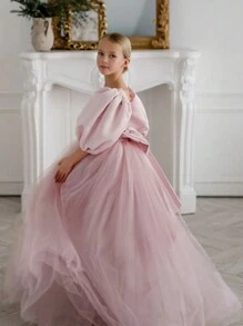 Tween Girl Elegant Bowknot Backless Deep V Puff Sleeve Mesh Princess Dress, Suitable For Girls Birthday Party, Flower Girl, Wedding, Prom, Holiday Occasions - Pink - View 6