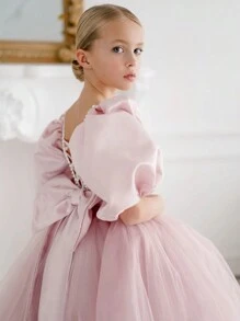 Tween Girl Elegant Bowknot Backless Deep V Puff Sleeve Mesh Princess Dress, Suitable For Girls Birthday Party, Flower Girl, Wedding, Prom, Holiday Occasions - Pink - View 3