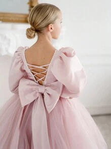 Tween Girl Elegant Bowknot Backless Deep V Puff Sleeve Mesh Princess Dress, Suitable For Girls Birthday Party, Flower Girl, Wedding, Prom, Holiday Occasions - Pink - View 5