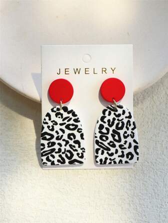 1pair Women's Red Leopard Printed Ceramics Texture Long Acrylic Earrings With Elegant Style