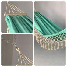 Boho Macrame Hammock, Portable Cotton Hammocks Hanging Swing With Elegant Tassels 300LBS Weight Capacity For Indoor Outdoor Patio Backyard Porch Patio Beach Wedding Decor - 薄荷綠 - 查看 2