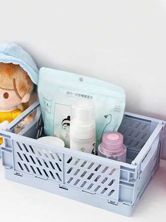 Folding Z 1pc Solid Color Desktop Storage Basket, White/Blue Plastic Foldable Desk Organizer For Home, Foldable Solid Color Stationery Storage Basket, Pastel Crates For Storage, Plastic Folding Baskets, Flower Decorations, Home Stuff, Table, Home Decorations, Home Organization And Storage, Room Decor, Room Decor Bedroom, For Back To School