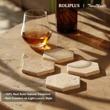 TransMarble Natural Travertine Coasters Set Of 6 - Hexagonal Absorbent Stone Coasters For Drinks, Coffee, Tea With Metal Stand Holder As Home Décor, Housewarming Gifts - Màu be mờ - Xem 5