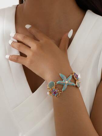 1入組異國情調海濱風格海洋海星＆珊瑚形合金＆鑽石＆貝殼手鍊，適合女性日常穿戴和旅遊