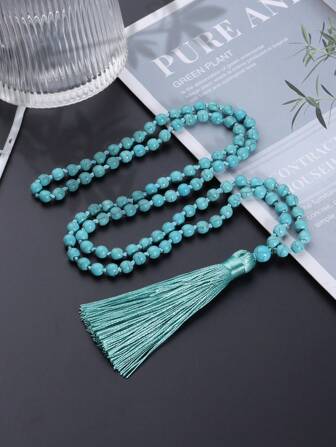 108顆手扣繩串連琥珀念珠項鍊，男女波西米亞風格6MM綠松石項鍊，女性冥想瑜珈祝福飾品