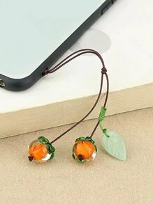 1pc Orange Glass Persimmon Shaped Cellphone Strap, Vintage Jade Leaf Keychain Pendant Accessory, Suitable For Phone Or Car Key Decoration Gifts For Mother, Family, Friends, Birthday, Holiday Phone Charm, Phone Chain - Multicolor - View 2