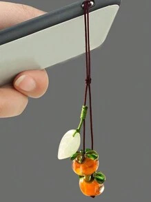 1pc Orange Glass Persimmon Shaped Cellphone Strap, Vintage Jade Leaf Keychain Pendant Accessory, Suitable For Phone Or Car Key Decoration Gifts For Mother, Family, Friends, Birthday, Holiday Phone Charm, Phone Chain - Multicolor - View 3