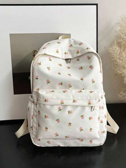 1pc White Nylon Floral Print Dual Zipper Large Capacity Fashionable Versatile Backpack, Student Bag, School Backpack