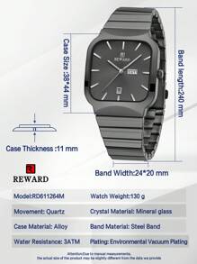 REWARD 男士石英表商务时尚计时日历夜光指针多功能男士腕表高品质礼物经典设计不锈钢表带 - 黑色 - 查看 8