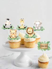 16pcs Jungle Style Cake Decoration,Animal Cupcake Topper,Happy Birthday Party Decorations, Jungle Theme Party,Holiday Party Cake Decor,Party Cake Supplies Party Food Decor, Back To School Valentine Day
