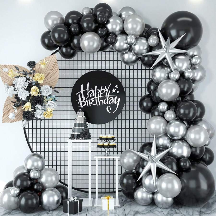 86/100/105入組黑色和銀色氣球花環套件，黑色和金屬銀色乳膠氣球，黑色和銀色氣球拱門，適用於生日婚禮週年慶典畢業派對裝飾 - 組合套裝 - 查看 1