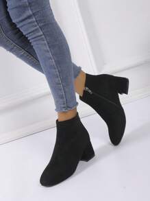 Botas cortas de moda de punta cuadrada con cremallera lateral para mujeres de Otoño-Invierno 2024, botas de montar de unicolor para mujeres - Negro - Ver 6