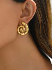 1pair Fashionable Abstract Mosquito-Repellent-Incense Shaped Stainless Steel Stud Earrings For Women, Retro Earrings For Celebrations And Sexy Outfits - Yellow Gold - View 2