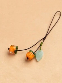 1pc Orange Glass Persimmon Shaped Cellphone Strap, Vintage Jade Leaf Keychain Pendant Accessory, Suitable For Phone Or Car Key Decoration Gifts For Mother, Family, Friends, Birthday, Holiday Phone Charm, Phone Chain - Multicolor - View 4