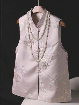 Elegant And Luxurious New Chinese Style Sleeveless Slit Jacket Top For Women, Butterfly & Floral Pattern Stand Collar Vest Outerwear Top, Suitable For All Seasons, Ideal For Christmas Eve/Thanksgiving/Christmas/Chinese New Year/New Year's Eve Outfit, Suitable For Daily/Casual/Social/Occasion/Holiday/Event/Festival Wear