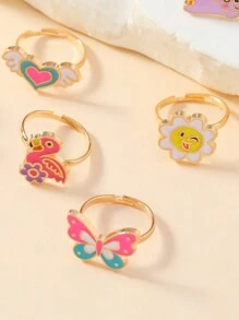 1set/12pcs Girls' Adjustable Alloy Animal, Rainbow, Crown Shaped Oil Drop Ring