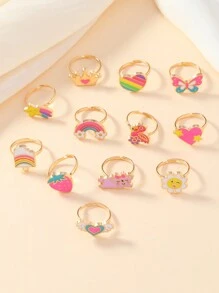 1set/12pcs Girls' Adjustable Alloy Animal, Rainbow, Crown Shaped Oil Drop Ring
