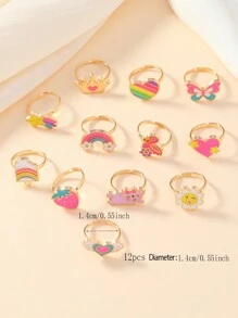 1set/12pcs Girls' Adjustable Alloy Animal, Rainbow, Crown Shaped Oil Drop Ring