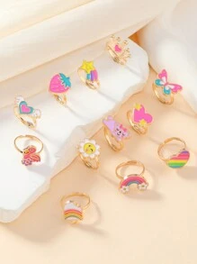 1set/12pcs Girls' Adjustable Alloy Animal, Rainbow, Crown Shaped Oil Drop Ring