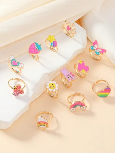 1 bộ/12 chiếc Nhẫn giọt dầu hình vương miện, cầu vồng, hợp kim có thể điều chỉnh dành cho bé gái
