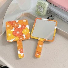 1pc Square Handheld Mirror With Simple Flower Handle, Portable Makeup Mirror For Girls - Multicolor - View 3