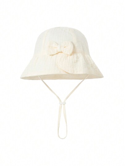 1pc Baby Basin Hat Printed With Bowknot Sunshade, Lovely Design In Skin-Friendly Solid Colors