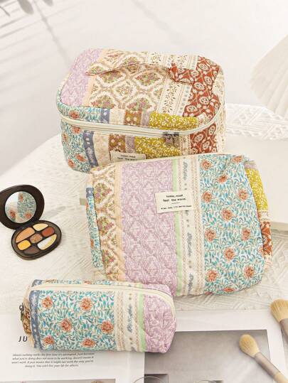 1 件大容量花卉化妆包绗缝花卉化妆包带手柄化妆品收纳袋旅行化妆包美观便携小袋钱包洗漱包女士女孩旅行花卉洗漱包化妆洗漱包礼物朋友、母亲节礼物、她、女孩、生日礼物。学校用品旅行必需品化妆包节日必需品化妆包化妆包化妆收纳袋节日冬季返校用品