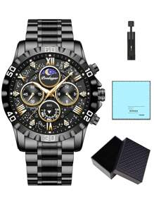 Sports Men Watch Waterproof Chronograph Men's Watches Luminous Stainless Steel Luxury Watch For Man Quartz +Box,1PC