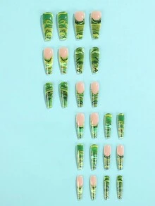 Conjunto de 24 uñas postizas en forma de ataúd de lujo de estilo chino minimalista con textura acuarela verde francesa y moda simple, para arte de uñas de presión, adecuado para uso diario, citas, té de la tarde y salir - Multicolor - Ver 2