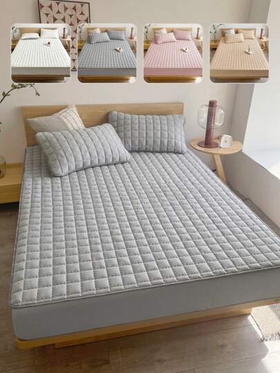 1pc Quilted Bedsheet, Bedding, Fitted Sheet, Mattress Cover, Bed Cover, Soft & Comfortable Bedroom Bedding, Bedroom Fitted Sheet, Skin-Friendly Bedsheet, Full Coverage, Solid Color Mattress Protector, Arched Grid Design, Suitable For Twin, Full, Queen, King Beds, Machine Washable, Ideal For Easter, Independence Day, Holiday Gifts