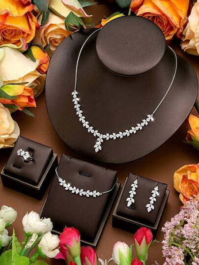 DV JEWELRY 5pcs Stretching Jewelry Set - Necklace, Bracelet, Earrings, Open Ring, Cubic Zirconia Luxury White Gold Plated Premium Jewelry Set For Women, Wedding, Party, Anniversary With Gift Box