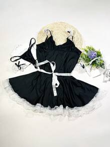 6 件套女式性感角色扮演女仆装，包含迷你裙，不含丝袜，适合狂欢 - 黑與白 - 查看 5