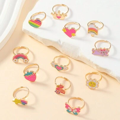 1 set/12 pezzi Anelli regolabili in lega per ragazze a forma di animali, arcobaleno e corona