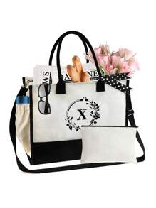 Túi vải canvas in họa tiết vòng hoa và chữ cái, túi xách tay tối giản bằng vải lanh, túi mua sắm tái sử dụng, túi đựng mỹ phẩm, túi quà tặng ngày lễ, thích hợp cho kỳ nghỉ, du lịch (mẫu ghép đen trắng), vật dụng cần thiết cho mùa hè, thích hợp cho kỳ nghỉ, sử dụng hàng ngày, sinh nhật, lễ hội, tựu trường, bãi biển, du lịch, đi làm, công tác, sinh viên, dã ngoại, cắm trại, mua sắm siêu thị, đựng đồ hàng ngày (kèm ruy băng và dây đeo vai) - Đen và trắng - Xem 20