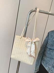 Túi xách dệt dung tích lớn thời trang mới cho nữ, Túi tote dệt rơm thời trang với thiết kế khăn quàng cổ đơn giản, Ví nơ thời trang cho nữ, Túi du lịch thời trang cho mùa hè - trắng - Xem 4
