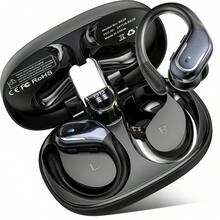 运动无线蓝牙 5.3 耳塞，带 HiFi 立体声，75H 包耳式耳塞，带防噪麦克风，IP7 防水蓝牙耳机，LED 显示屏，按钮控制，适用于跑步 蓝色 - 藍色 - 查看 2