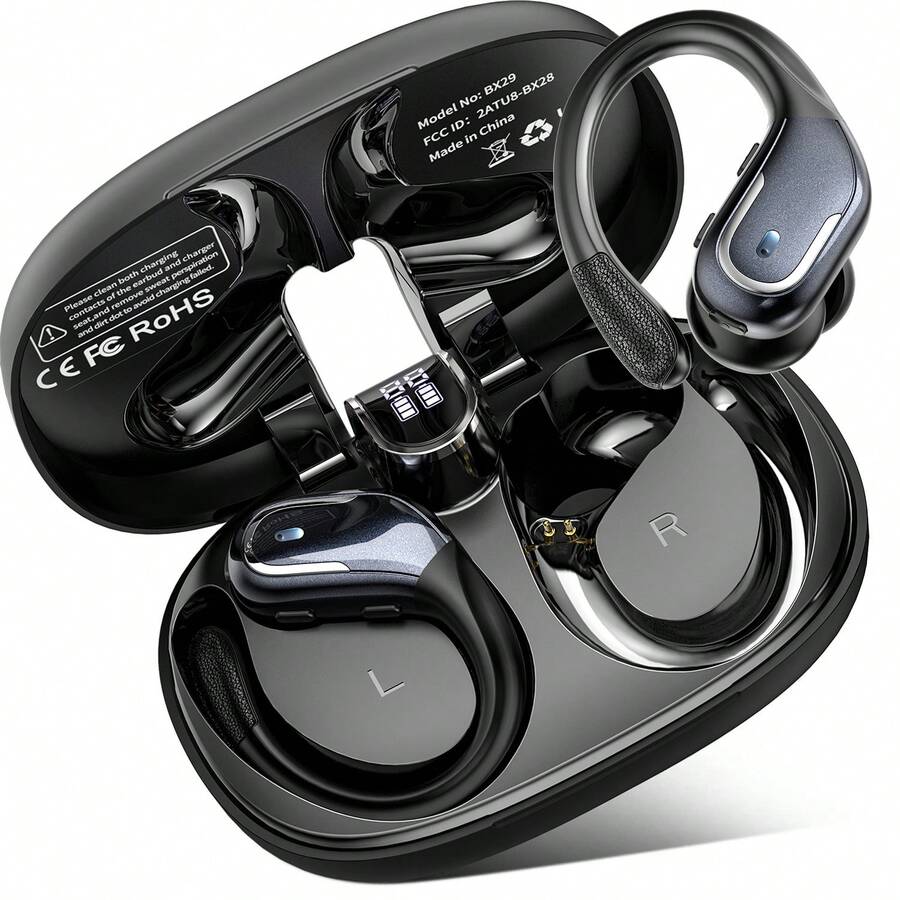 运动无线蓝牙 5.3 耳塞，带 HiFi 立体声，75H 包耳式耳塞，带防噪麦克风，IP7 防水蓝牙耳机，LED 显示屏，按钮控制，适用于跑步 蓝色