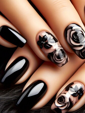 24Pcs Gothic Coffin Shaped Long Press-On Nails With Rose Design, Perfect For Parties Or Daily Wear To Show Your Charm Nail Supplies Nails