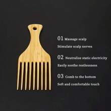 Peine de afro de madera de bambú natural para cabello largo, grueso y rizado, peine para desenredar con dientes anchos - Albaricoque - Ver 4