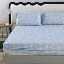 3pcs Printed Brushed Bedding Set Including 1 Fitted Sheet And 2 Pillowcases, No Comforter, Suitable For Hotel, Dorm, Bedroom, Guesthouse