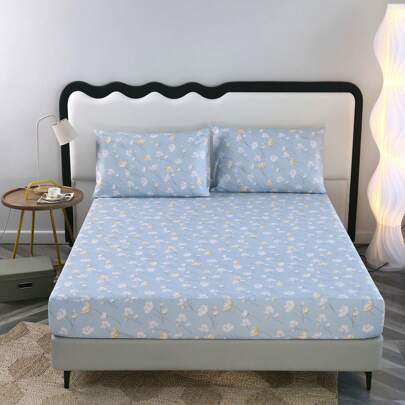 3pcs Printed Brushed Bedding Set Including 1 Fitted Sheet And 2 Pillowcases, No Comforter, Suitable For Hotel, Dorm, Bedroom, Guesthouse