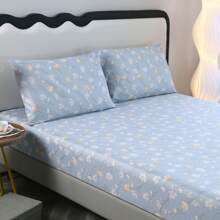 3pcs Printed Brushed Bedding Set Including 1 Fitted Sheet And 2 Pillowcases, No Comforter, Suitable For Hotel, Dorm, Bedroom, Guesthouse