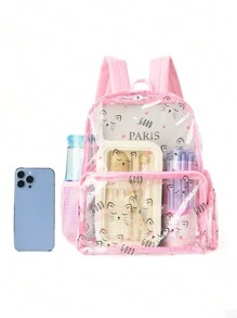 1 件可爱卡通猫印花透明背包体育场认可，轻便防水 PVC 女士背包，带侧网袋的书包，休闲透明背包，适合户外、旅行、音乐会、郊游、体育赛事、返校、购物、学校用网袋 - 粉色 - 查看 4